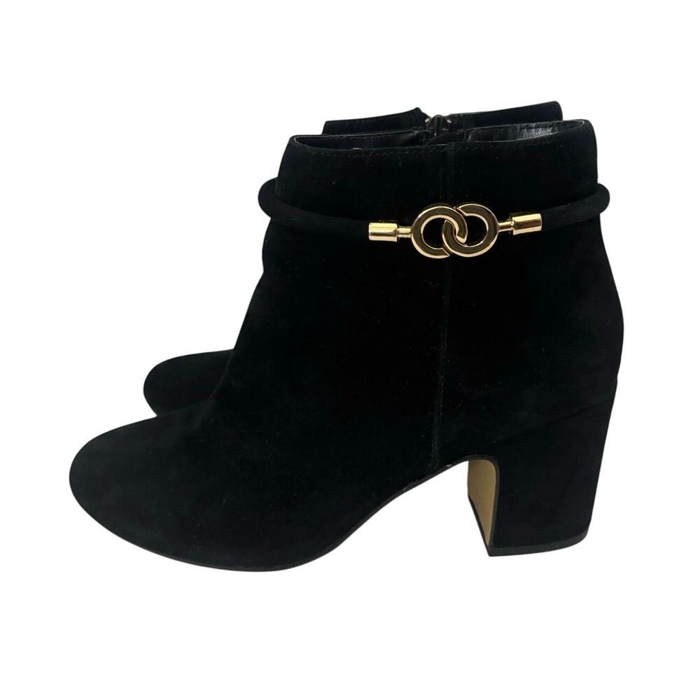 Bella Vita Black Suede Leather Ankle Booties Womens 7.5M Gold Chain Block Heel
